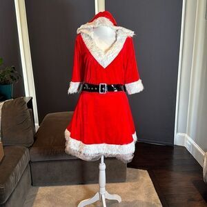 Short Red Hooded Dress White Faux Fur Trim Mrs Claus Santa Christmas Size L
